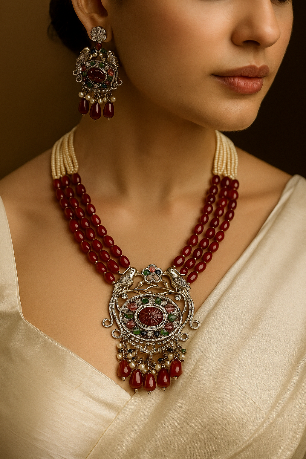 Ruby Beads & Multicolor Stone Bird Design Necklace Set – Bridal Party Wear Jewellery